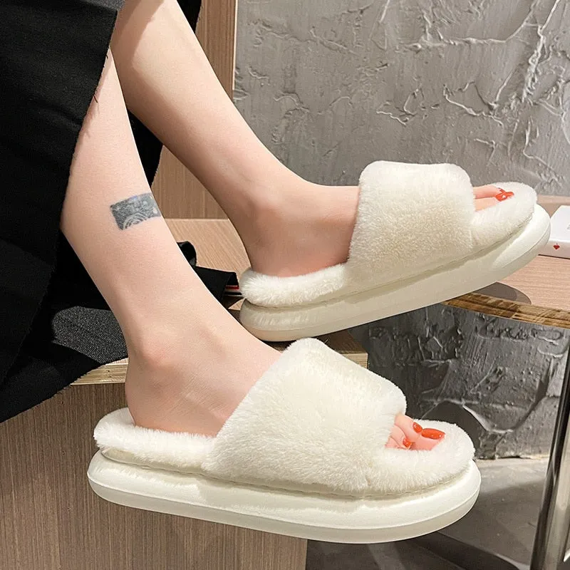 Amozae-2024 Winter Women's Slippers Thick-bottomed Fur Furry Slippers for Home Soft Platform Shoes Indoor House Warm Cotton Slippers