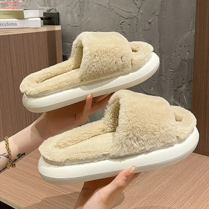 Amozae-2024 Winter Women's Slippers Thick-bottomed Fur Furry Slippers for Home Soft Platform Shoes Indoor House Warm Cotton Slippers