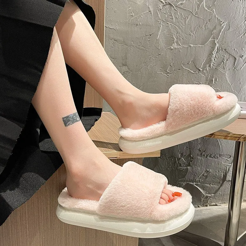 Amozae-2024 Winter Women's Slippers Thick-bottomed Fur Furry Slippers for Home Soft Platform Shoes Indoor House Warm Cotton Slippers