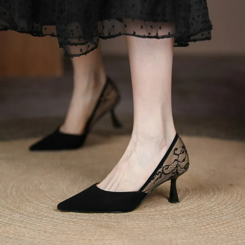 Amozae Lace Women's Stiletto Retro Pointed Splicing Thin Heel Ladies Pumps New   Fashion Shallow Mouth Female Single Shoes