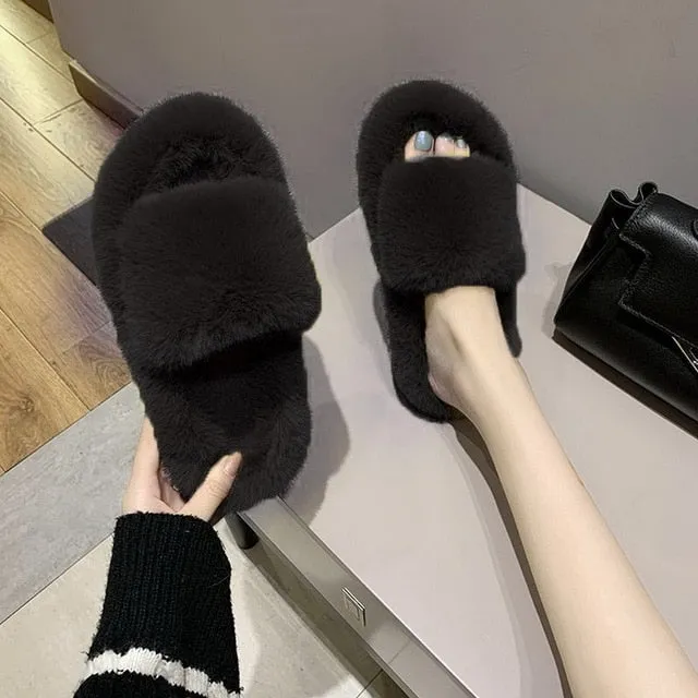 Amozae-Winter Home Shoes Women House Slippers Warm Faux Fur Ladies Cross Soft Plush Furry Female Open Toe Slides Fashion Shoes