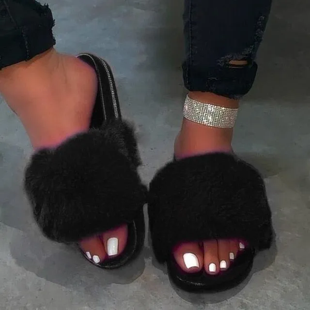 Amozae-Winter Home Shoes Women House Slippers Warm Faux Fur Ladies Cross Soft Plush Furry Female Open Toe Slides Fashion Shoes