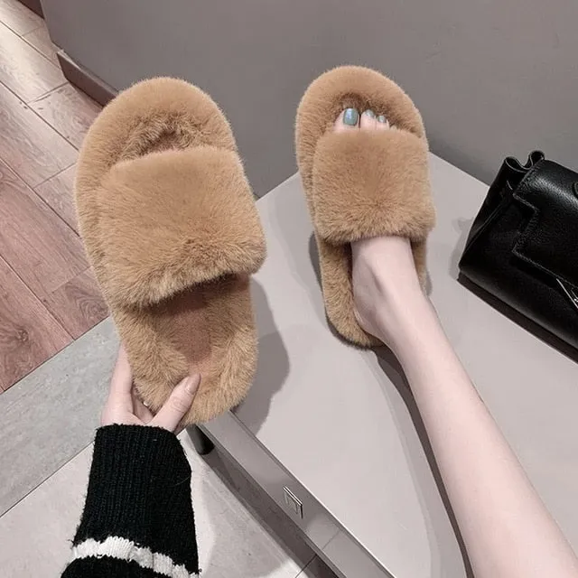 Amozae-Winter Home Shoes Women House Slippers Warm Faux Fur Ladies Cross Soft Plush Furry Female Open Toe Slides Fashion Shoes