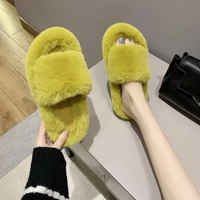 Amozae-Winter Home Shoes Women House Slippers Warm Faux Fur Ladies Cross Soft Plush Furry Female Open Toe Slides Fashion Shoes