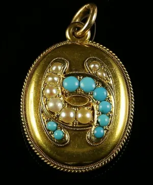 Antique Victorian Turquoise Pearl Locket 18Ct Gold  Horse Shoe