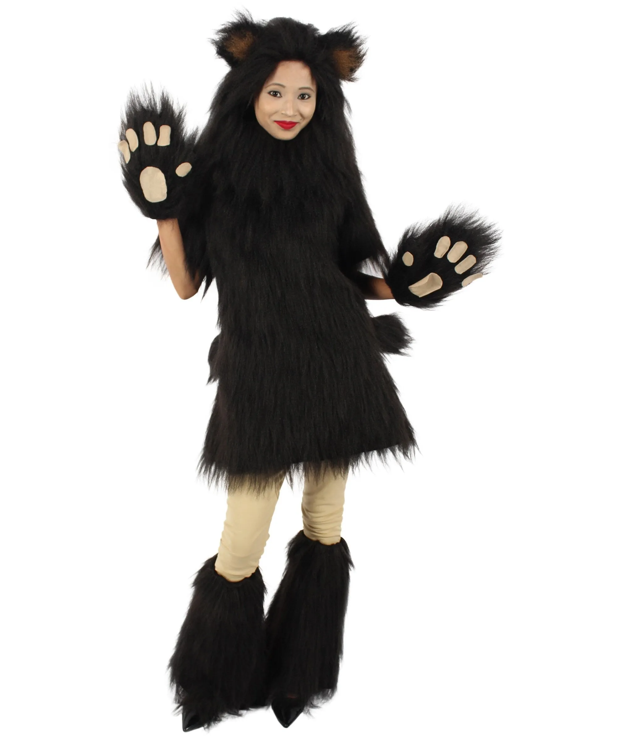 Black Bear Costume with Boots and Paw Gloves (Bundle) - Long Synthetic Fibe.