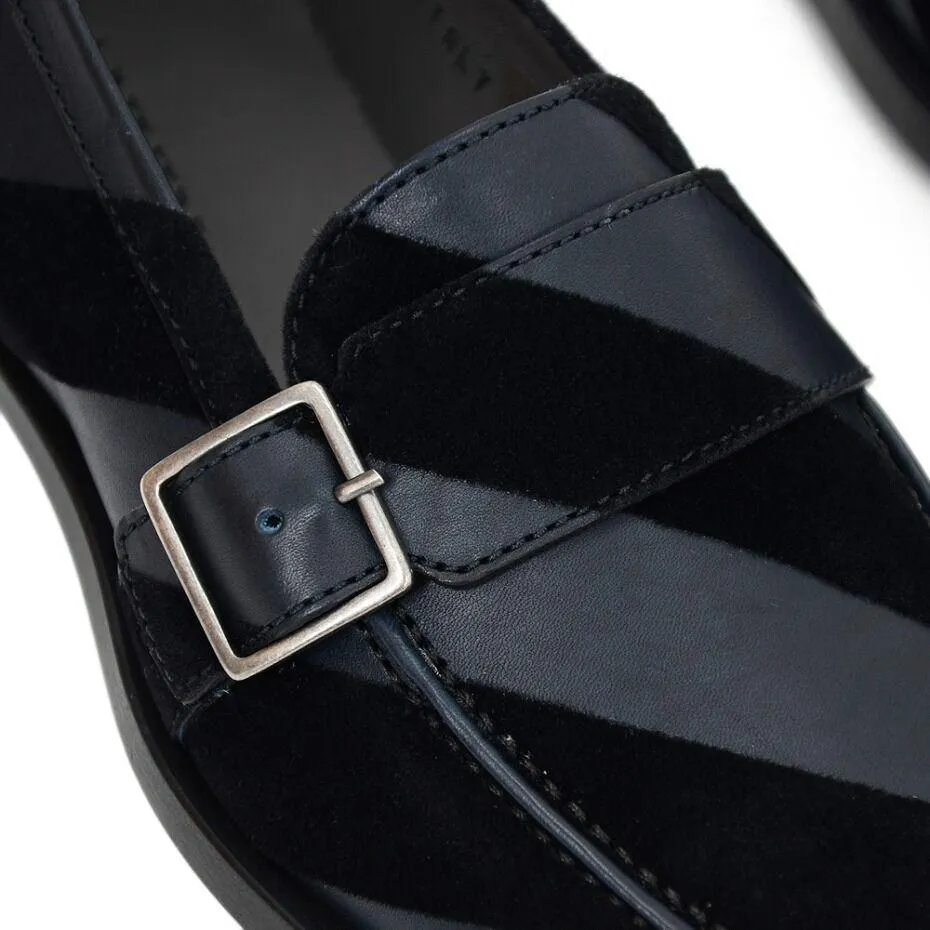 Black Velvet Strap Buckle Leather Shoes