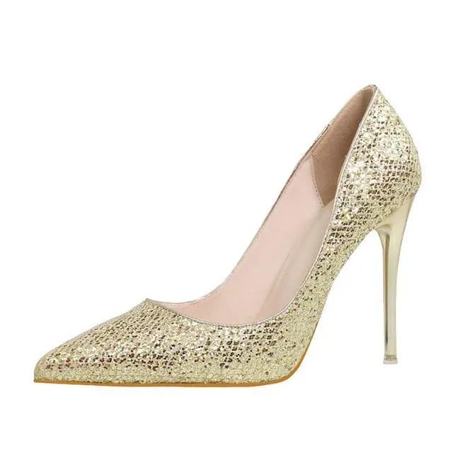 Bling Glitter Pumps Platform Sexy Thin High Heels Slip On Women Shoes Pointed Toe Casual Wedding Shoes Woman