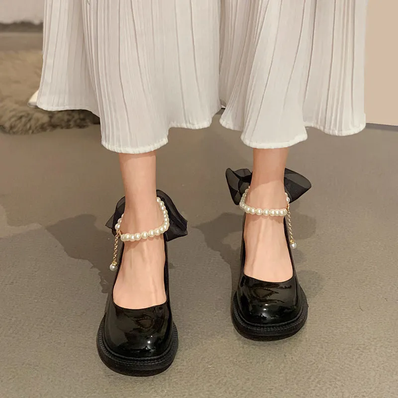 British Leather Shoes Pearl Anklet With Skirt High Heel Women