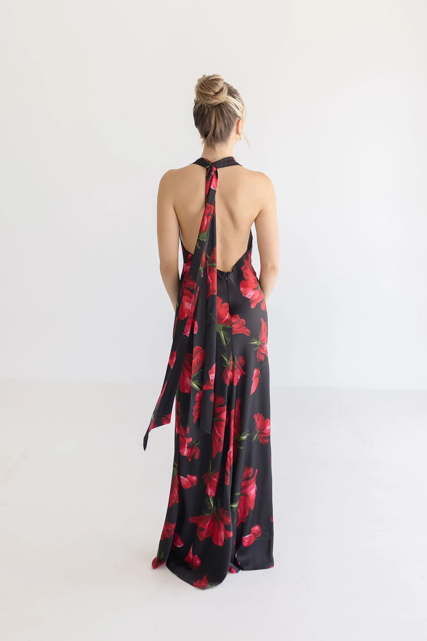 Cher Open Back Halter Tie Floral Print Maxi Dress Black