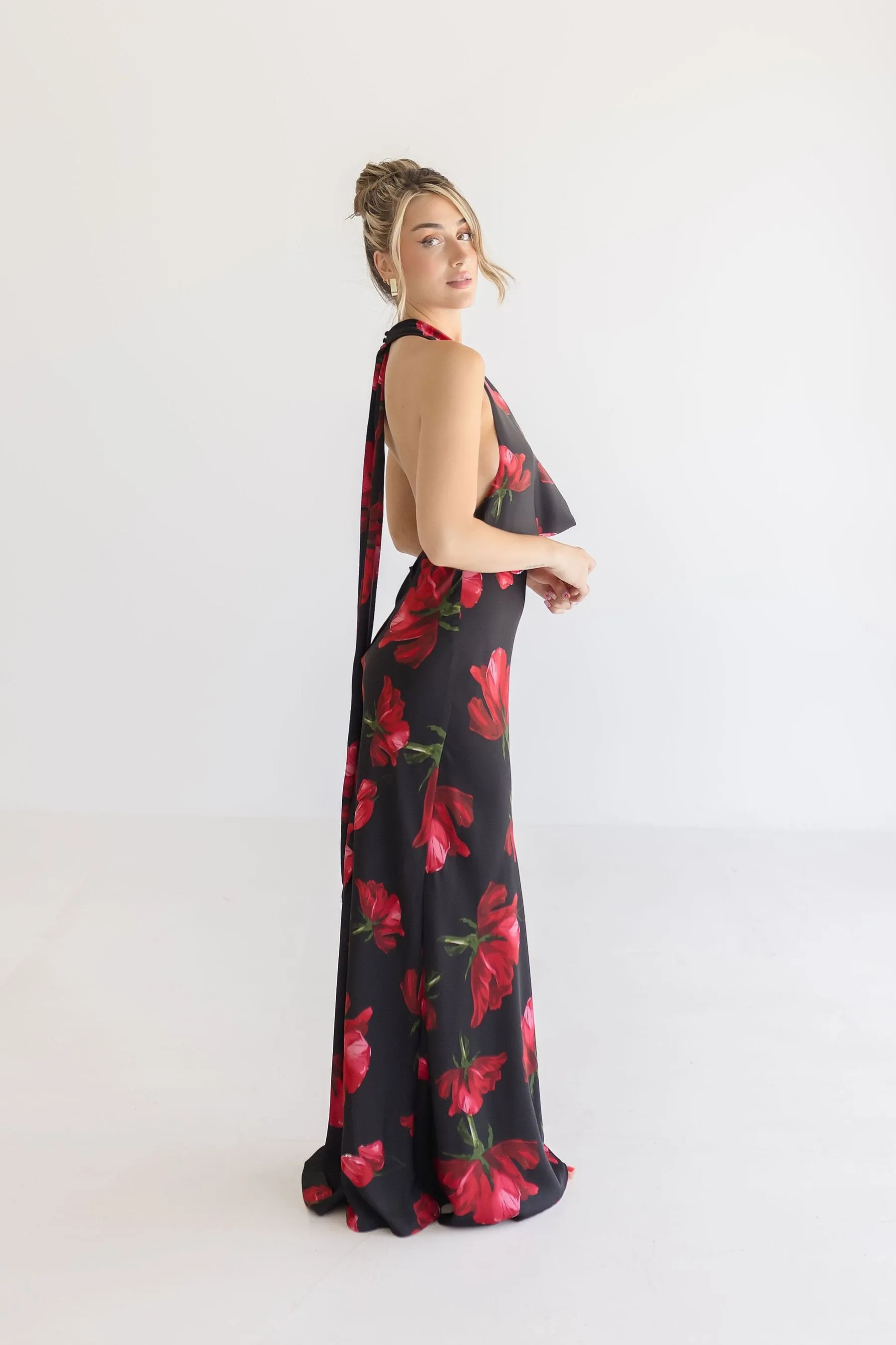 Cher Open Back Halter Tie Floral Print Maxi Dress Black