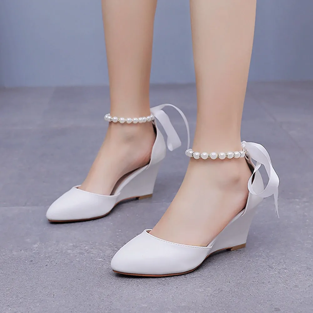 Chunky Heels Ribbons Pointed Toe Women's Wedding Shoes