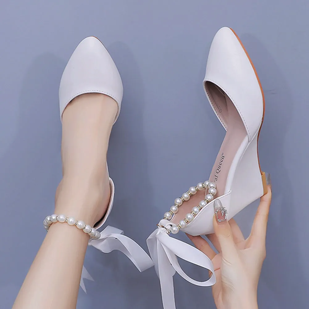 Chunky Heels Ribbons Pointed Toe Women's Wedding Shoes