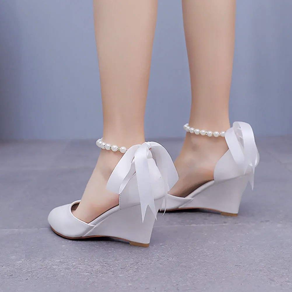 Chunky Heels Ribbons Pointed Toe Women's Wedding Shoes