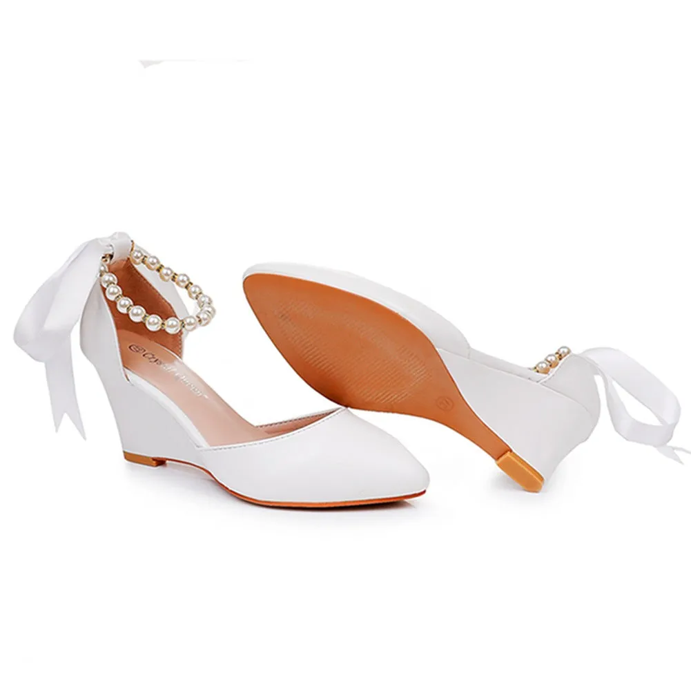 Chunky Heels Ribbons Pointed Toe Women's Wedding Shoes