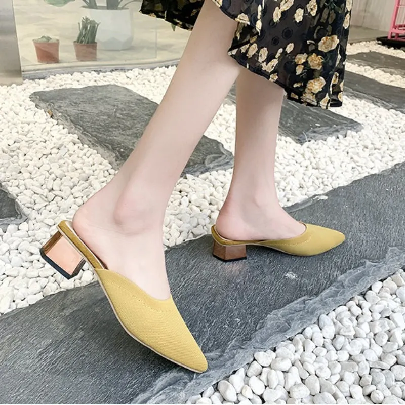 Comfortable Women's Knitted Square Heel Mule Summer Slides