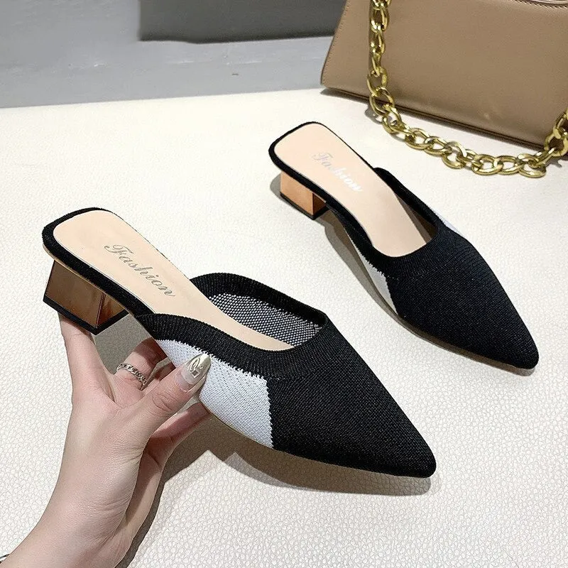 Comfortable Women's Knitted Square Heel Mule Summer Slides