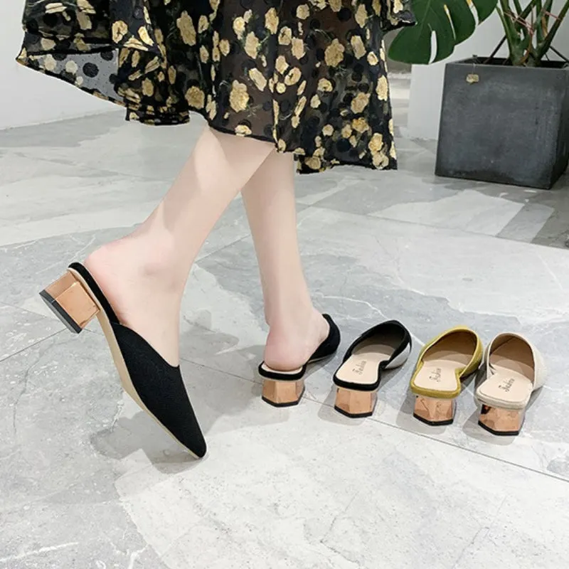 Comfortable Women's Knitted Square Heel Mule Summer Slides