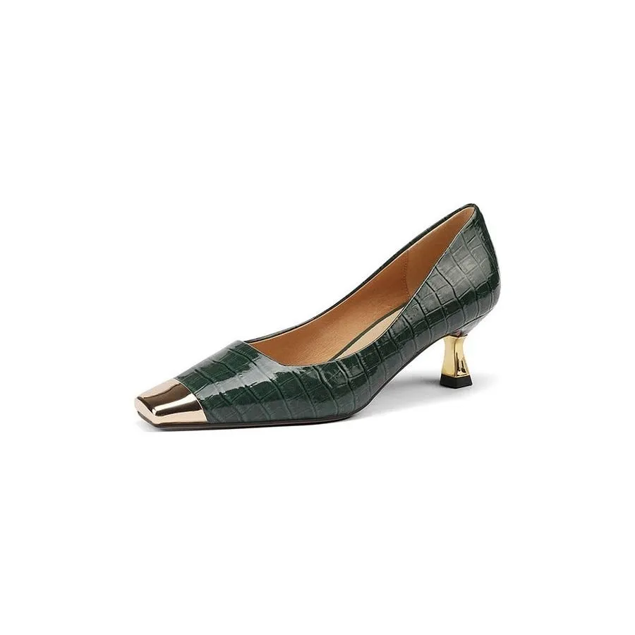 CrocoGlam Square Toe Slip-On Metal Heel Pumps