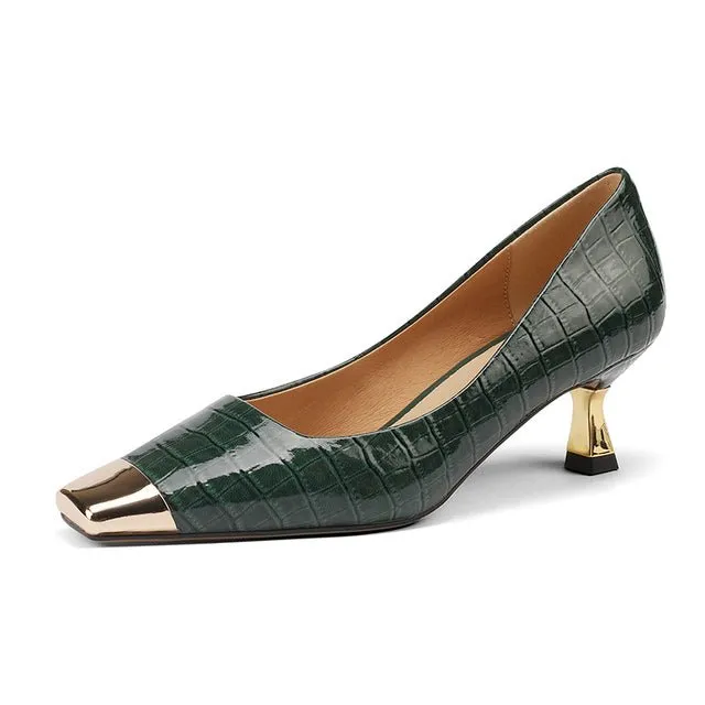 CrocoGlam Square Toe Slip-On Metal Heel Pumps