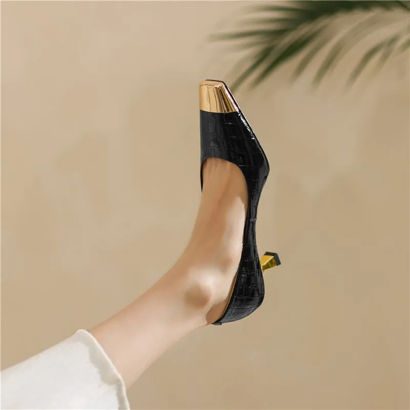 CrocoGlam Square Toe Slip-On Metal Heel Pumps