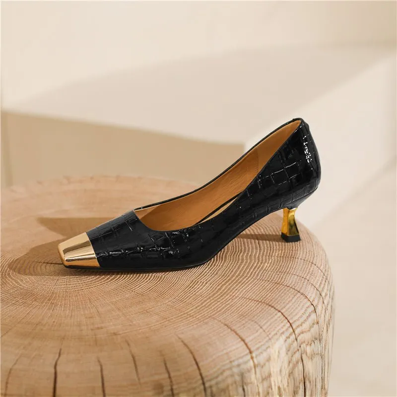 CrocoGlam Square Toe Slip-On Metal Heel Pumps