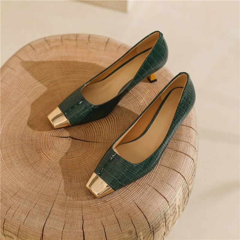 CrocoGlam Square Toe Slip-On Metal Heel Pumps