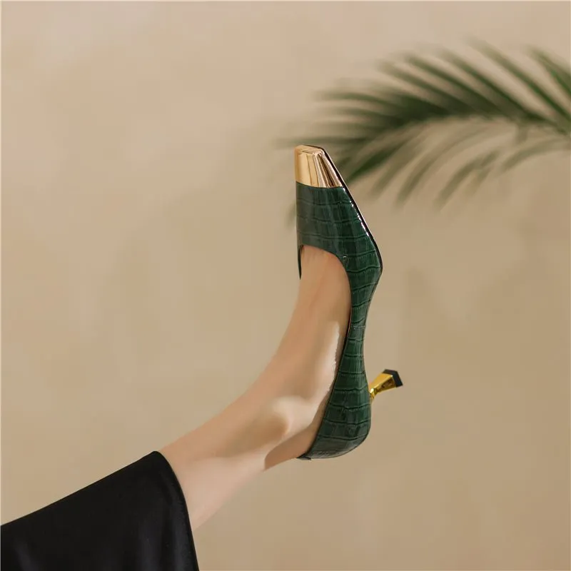 CrocoGlam Square Toe Slip-On Metal Heel Pumps