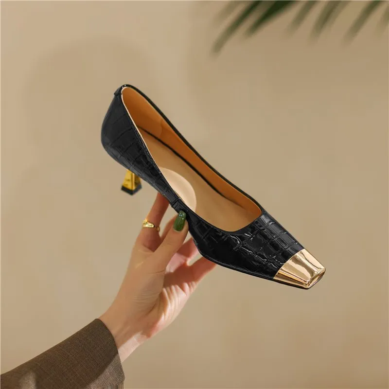 CrocoGlam Square Toe Slip-On Metal Heel Pumps