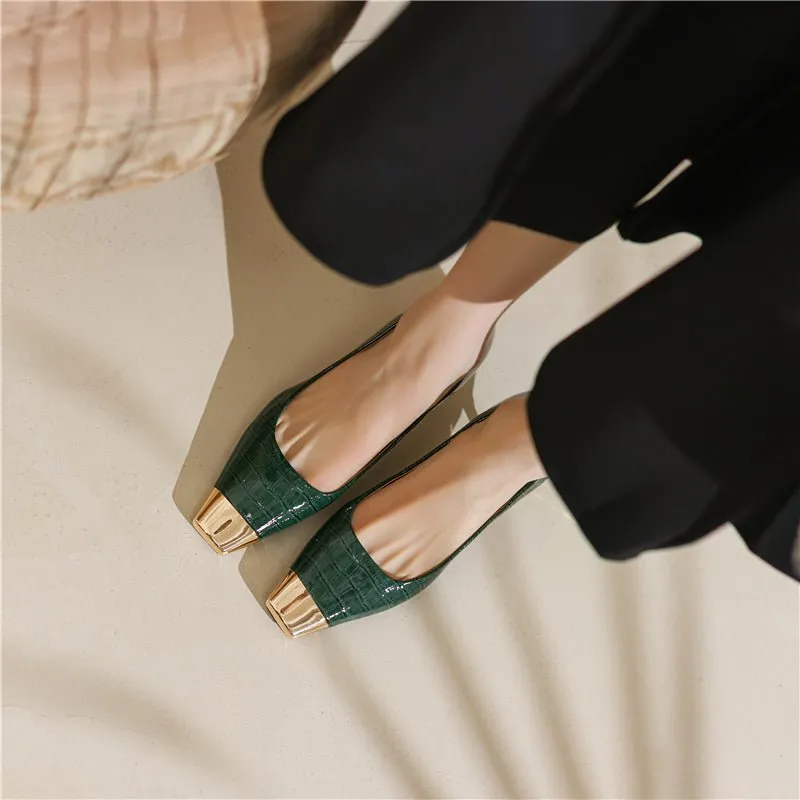 CrocoGlam Square Toe Slip-On Metal Heel Pumps