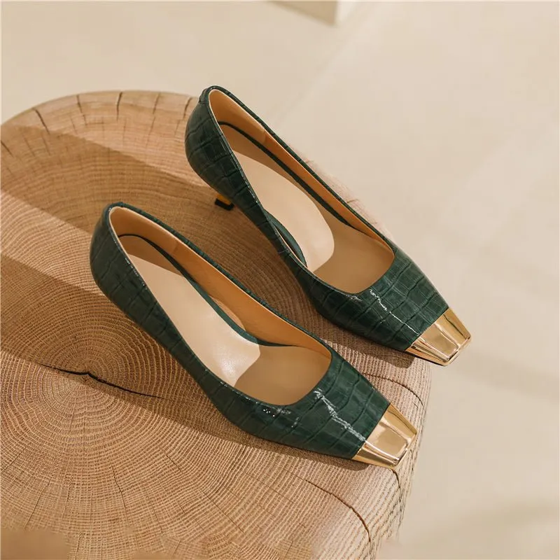 CrocoGlam Square Toe Slip-On Metal Heel Pumps