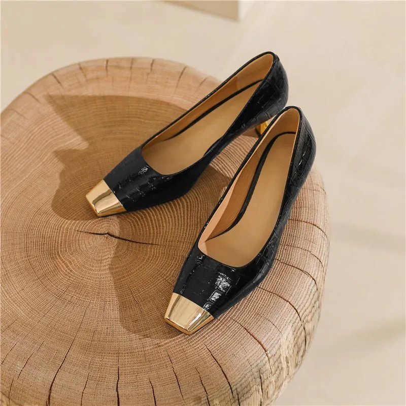 CrocoGlam Square Toe Slip-On Metal Heel Pumps