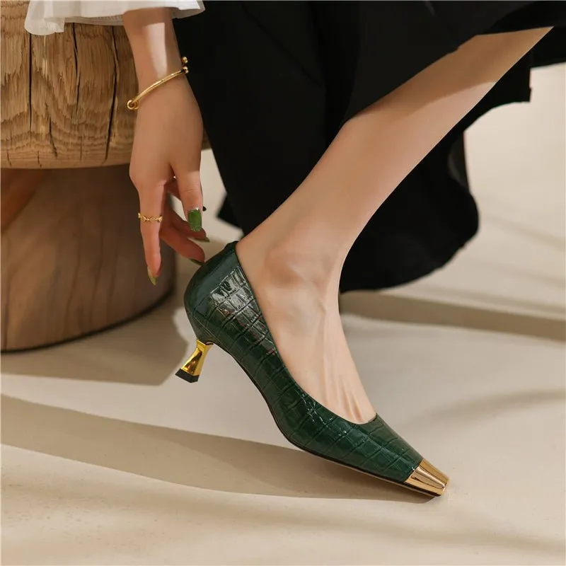 CrocoGlam Square Toe Slip-On Metal Heel Pumps