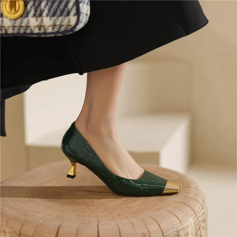 CrocoGlam Square Toe Slip-On Metal Heel Pumps