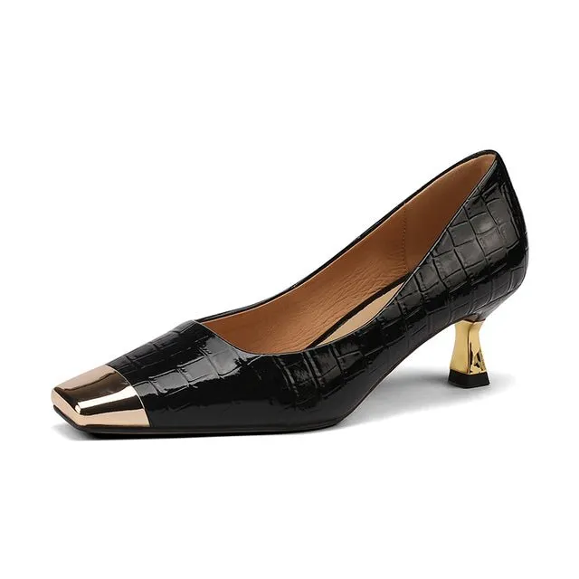 CrocoGlam Square Toe Slip-On Metal Heel Pumps