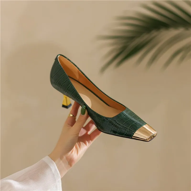 CrocoGlam Square Toe Slip-On Metal Heel Pumps