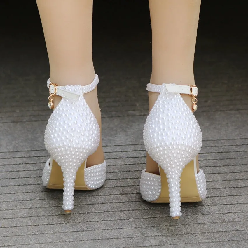 Crystal Queen Pointed Toe White Pearl Ankle Strap Sandals