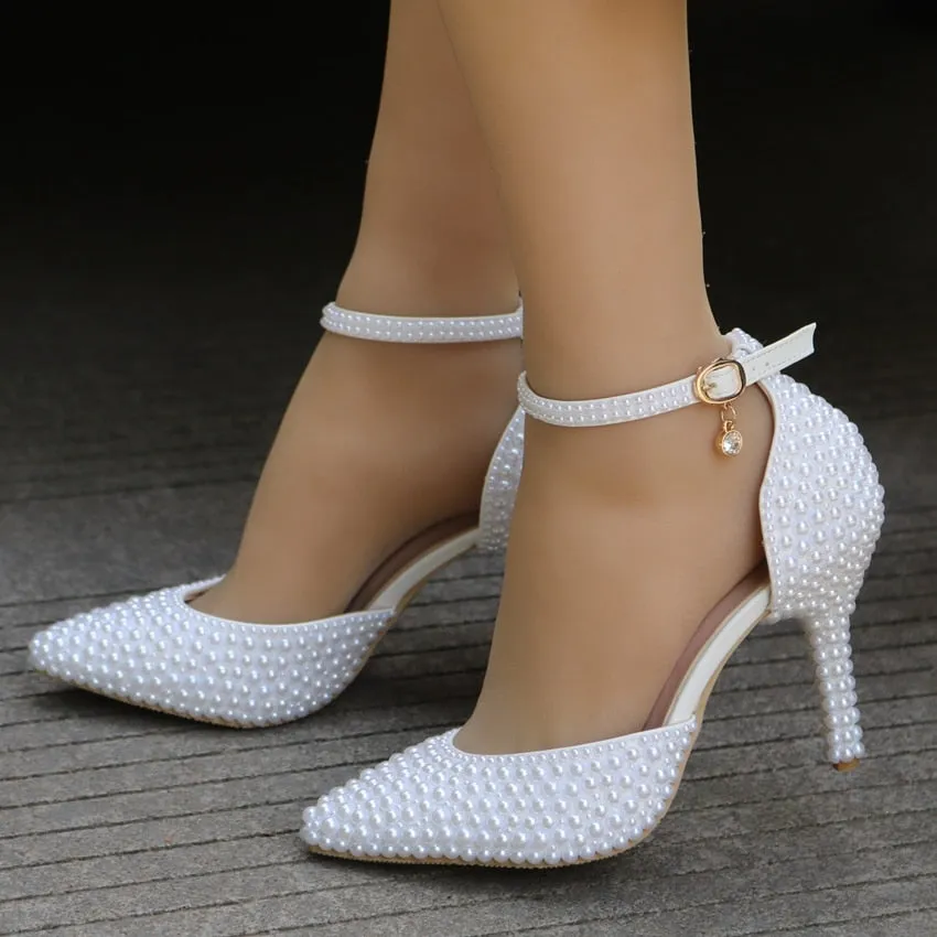 Crystal Queen Pointed Toe White Pearl Ankle Strap Sandals