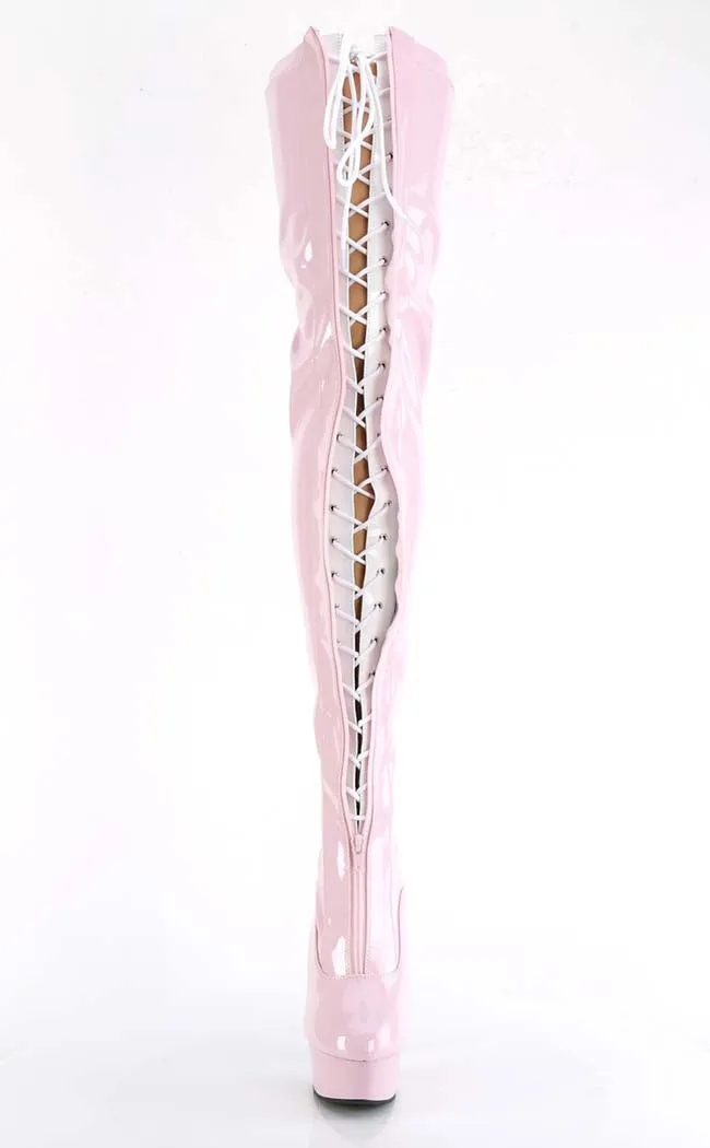 DELIGHT-3027 Baby Pink & White Patent Thigh High Boots