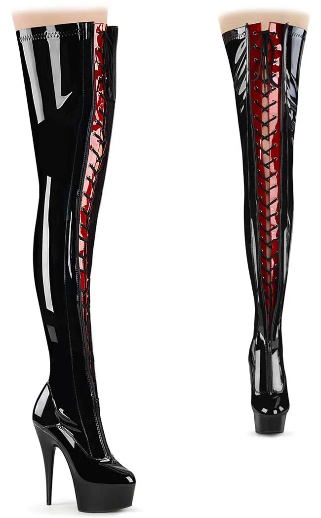 DELIGHT-3027 Black & Red Patent Thigh High Boots