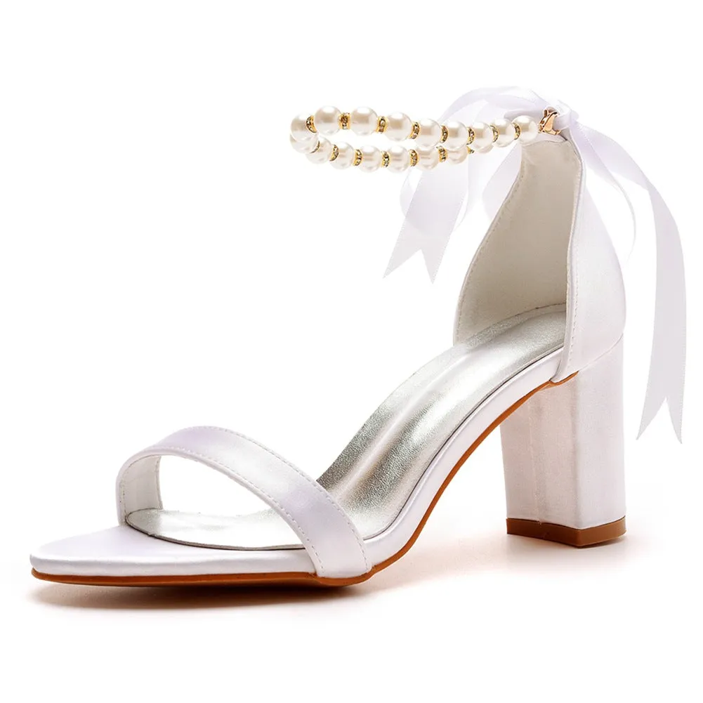 Elegant Pearl Ribbon Tie Open Toe Ankle Strap Block High Heels