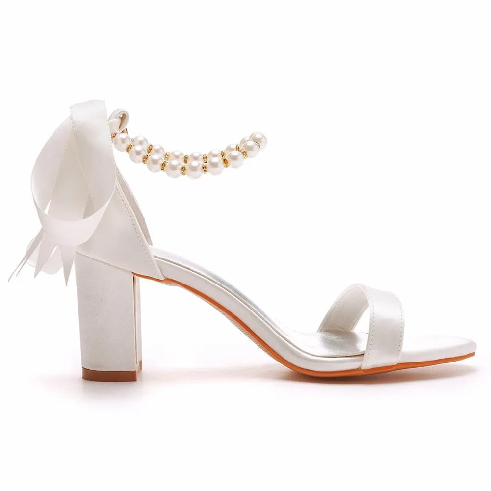 Elegant Pearl Ribbon Tie Open Toe Ankle Strap Block High Heels