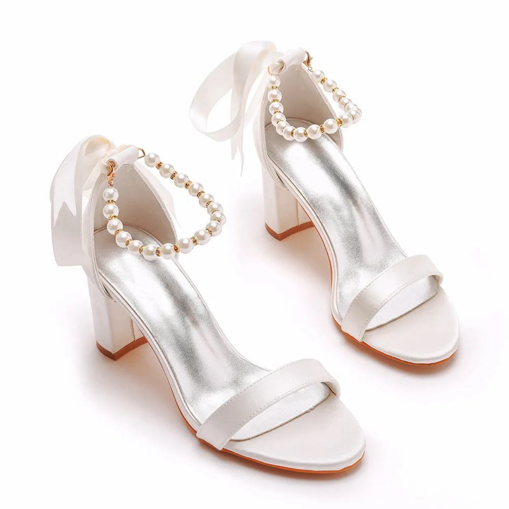 Elegant Pearl Ribbon Tie Open Toe Ankle Strap Block High Heels