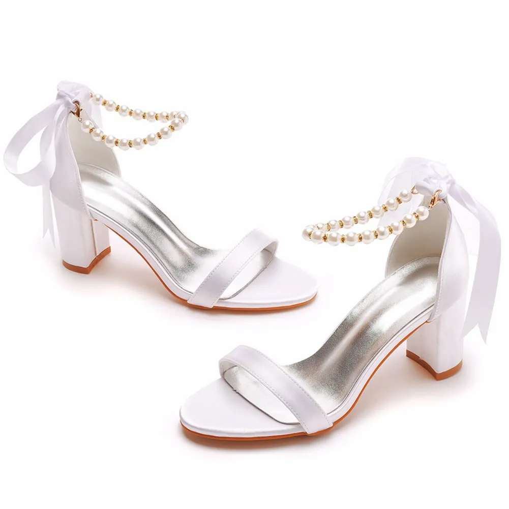 Elegant Pearl Ribbon Tie Open Toe Ankle Strap Block High Heels