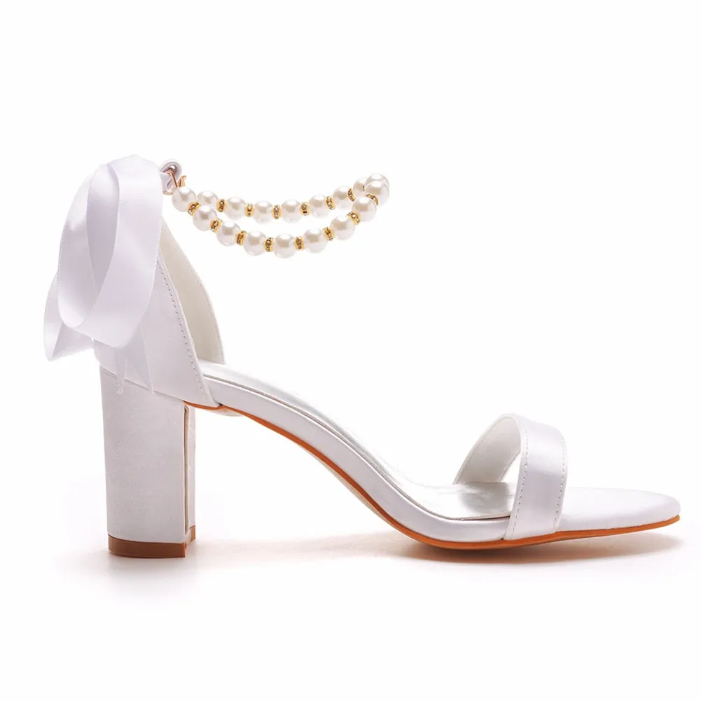 Elegant Pearl Ribbon Tie Open Toe Ankle Strap Block High Heels