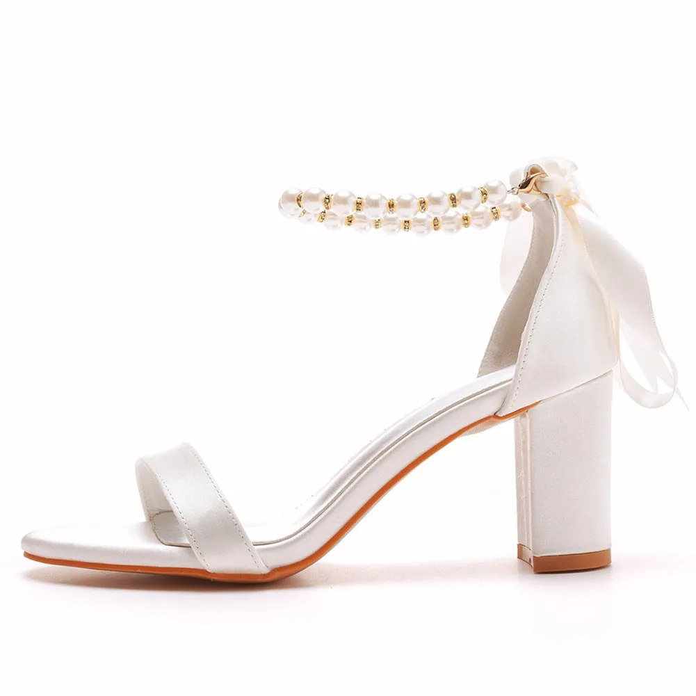 Elegant Pearl Ribbon Tie Open Toe Ankle Strap Block High Heels