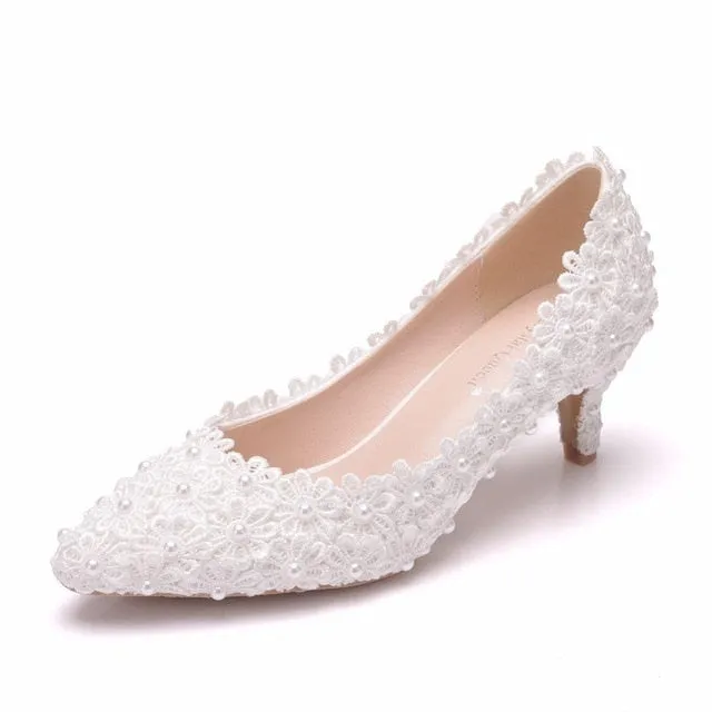 Fabric Flower Pearl Bridal Wedding Shoes Sweet Thin Low Heel Party Dress Pumps