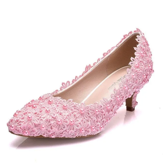 Fabric Flower Pearl Bridal Wedding Shoes Sweet Thin Low Heel Party Dress Pumps