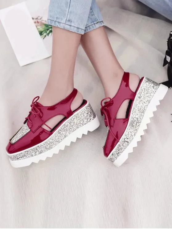 Fashion Square Toe Lace Up Sequins Platform Shoes