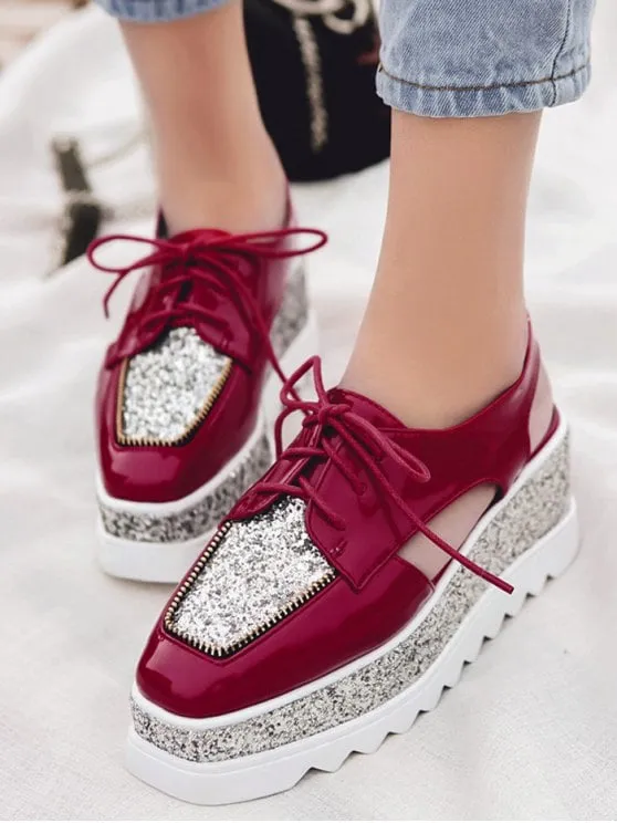 Fashion Square Toe Lace Up Sequins Platform Shoes